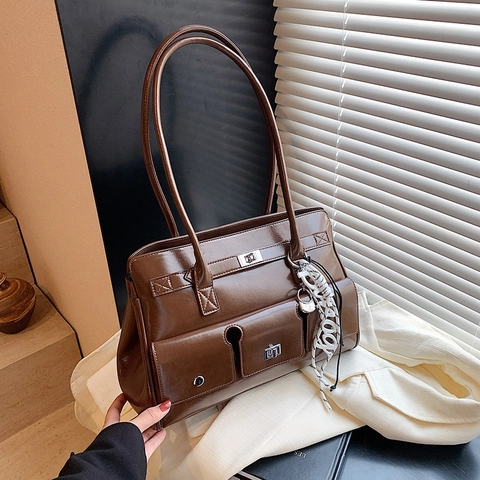 Borsa a Spalla Tote in Pelle PU Lucida Vintage per Donna Handbag Pendolare di Grande Capacità con Tasche Multiple Hardware Argento