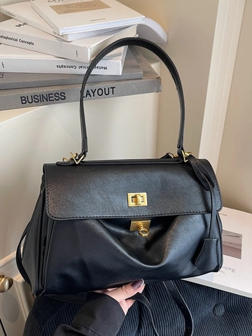 Women Retro PU Leather Tote Bag Vintage Fashion Shoulder Underarm Bag Solid Color Large Capacity Top Handle Bag Metal Lock