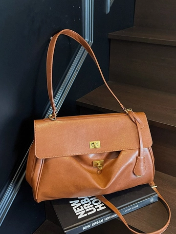 Women Retro PU Leather Tote Bag Vintage Fashion Shoulder Underarm Bag Solid Color Large Capacity Top Handle Bag Metal Lock