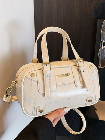 Bolso de Mano Boston de Cuero PU para Mujer Elegante Bolso Bandolera con Asa Superior Bolso de Hombro con Cremallera de Color Sólido