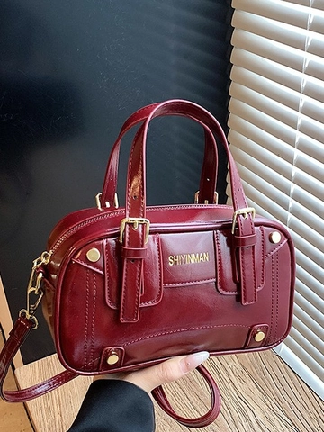 Bolso de Mano Boston de Cuero PU para Mujer Elegante Bolso Bandolera con Asa Superior Bolso de Hombro con Cremallera de Color Sólido