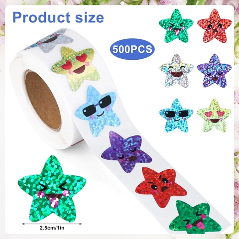 Holographic Star Reward Stickers Roll Laser Glitter Star Emoji Stickers For Kids Teachers School Classroom Decor DIY Scrapbooking Stationery Labels