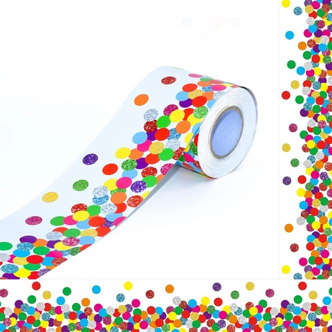 Scalloped Bulletin Board Border Stickers Self Adhesive Multicolor Rainbow Confetti Border Trim For School Classroom Decoration