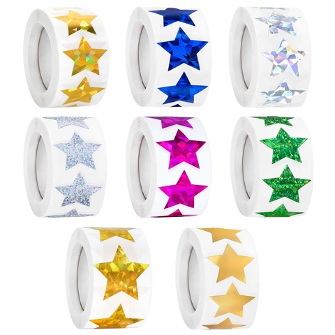 Holographic Star Stickers Roll Multi Color Laser Glitter Reward Stickers For Kids Teacher Classroom Supplies Self Adhesive Decorative Labels