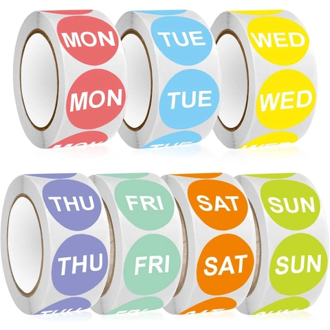 500 Pcs Days Of The Week Stickers Roll Round Multicolor Day Management Labels For Food Storage Office Organization Inventory