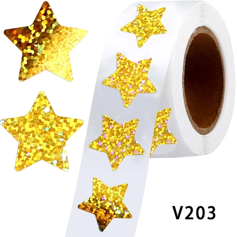 Self-Adhesive Star Reward Stickers Roll Gold Holographic Glitter Labels For Kids Classroom Teacher Scrapbooking Decoration