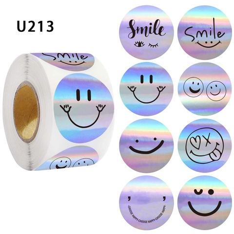 Autocollants Smiley Holographiques Laser Étiquettes Rondes Pour Emballage Cadeau Scrapbooking Décoration Récompense Motif Cœur Fleur