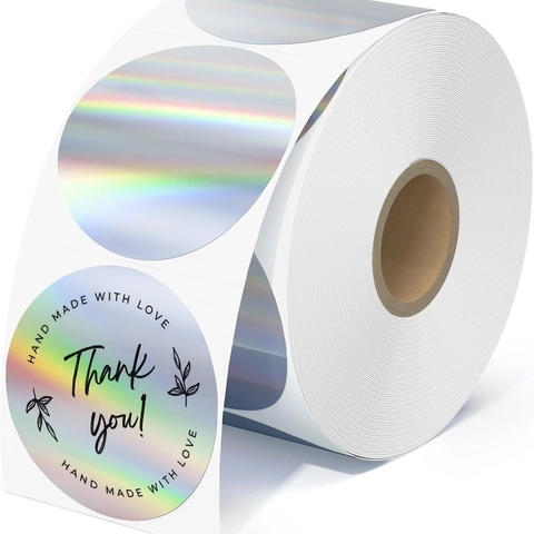 Holografische Thermisch Papier Etiketten Rol Laser Regenboog Zelfklevende Thank You Stickers Voor Kleine Bedrijven Cadeauverpakking