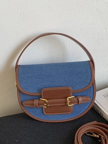 Βίντατζ Τσάντα Σέλας Denim Patchwork Αντίθεση Δέρμα PU Τσάντα Χιαστί Μικρή Στρογγυλή Γυναικεία Τσάντα Ώμου Μόδας