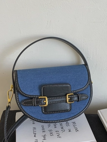 Βίντατζ Τσάντα Σέλας Denim Patchwork Αντίθεση Δέρμα PU Τσάντα Χιαστί Μικρή Στρογγυλή Γυναικεία Τσάντα Ώμου Μόδας