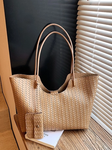 Vintage Große Kapazität Gewebte Tragetasche Für Damen PU Leder Umhängetasche Mit Kleinem Beutel Retro Weberei Hobo Handtasche Arbeit