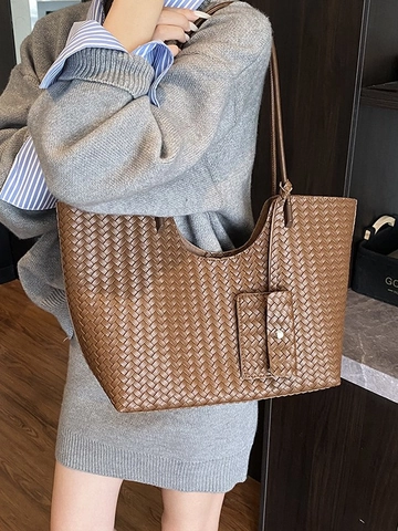 Vintage Große Kapazität Gewebte Tragetasche Für Damen PU Leder Umhängetasche Mit Kleinem Beutel Retro Weberei Hobo Handtasche Arbeit