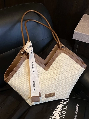Vintage Large Capacity Woven PU Leather Tote Bag For Women Unique V-Shaped Opening Shoulder Bag With Decorative Ribbon Handbag