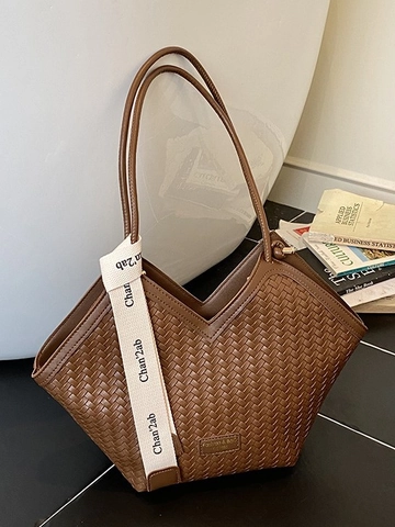 Vintage Large Capacity Woven PU Leather Tote Bag For Women Unique V-Shaped Opening Shoulder Bag With Decorative Ribbon Handbag