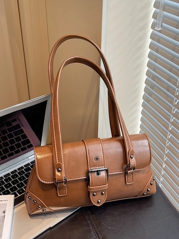 Bolso de Axila Vintage Mujer Hebilla de Cinturón Remaches Cuero PU Bolso de Hombro Color Sólido Moda Y2K Streetwear