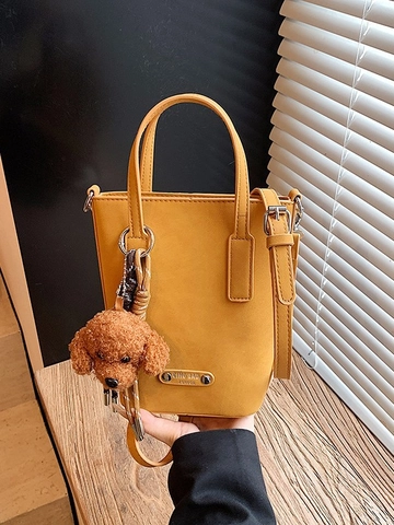 Borsa a Secchiello in Pelle PU Moda Donna Grande Capacità Borsa a Spalla Tracolla Con Pendaglio Cane di Peluche Sciarpa Decorativa