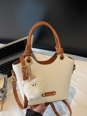Women Pleated PU Leather Bucket Bag Pleat Wrinkled Texture Crossbody Handbag With Plush Charm Casual Shoulder Bag For Office