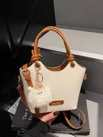 Women Pleated PU Leather Bucket Bag Pleat Wrinkled Texture Crossbody Handbag With Plush Charm Casual Shoulder Bag For Office
