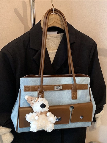Women's PU Leather Tote Bag Large Capacity Single Shoulder Underarm Bag Retro Minimalist Commuter Handbag With Optional Plush Bear Charm