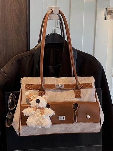 Women's PU Leather Tote Bag Large Capacity Single Shoulder Underarm Bag Retro Minimalist Commuter Handbag With Optional Plush Bear Charm