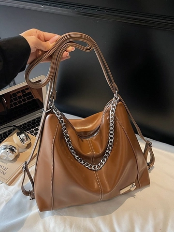 Borsa Tote da Donna alla Moda di Grande Capacità con Catena in Pelle PU Borsa a Tracolla Cuciture a Contrasto con Cerniera