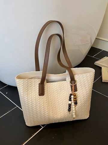 Große Kapazität Gewebte Tragetasche PU Leder Handtasche Mit Perlen Anhänger Retro Unterarm Schultertasche Für Alltag Damen