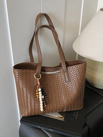 Große Kapazität Gewebte Tragetasche PU Leder Handtasche Mit Perlen Anhänger Retro Unterarm Schultertasche Für Alltag Damen