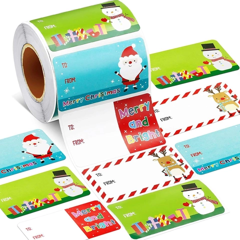 Christmas Gift Label Stickers Roll Cartoon Santa Snowman Reindeer Self Adhesive Mailing Greeting Tags For Holiday Presents