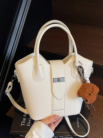 Damen Mode PU Leder Lychee Muster Eimertasche Mit Teddybär Anhänger Schal Handtasche Schulter Umhängetasche Für Den Alltag
