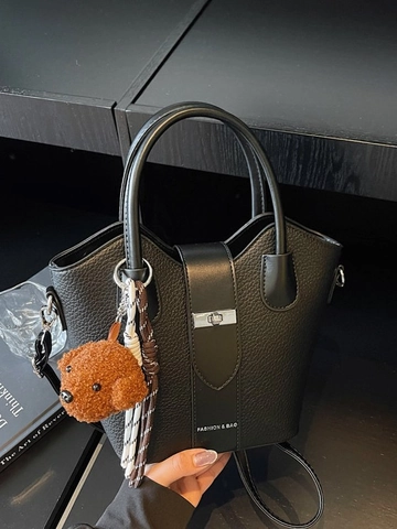 Damen Mode PU Leder Lychee Muster Eimertasche Mit Teddybär Anhänger Schal Handtasche Schulter Umhängetasche Für Den Alltag