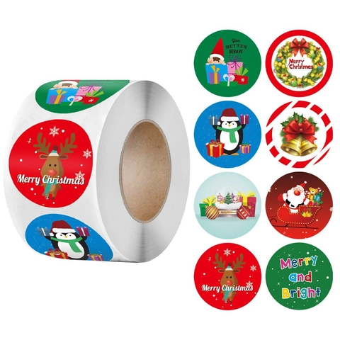 Christmas Theme Round Kraft Paper Self Adhesive Stickers Roll Cartoon Santa Reindeer Pattern Gift Sealing Label Stickers For Holiday Decor