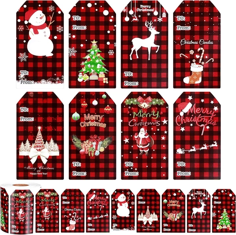Rotolo di Etichette Regalo di Natale Carta Kraft Design Festivo Babbo Natale Renna Etichetta Autoadesiva per Scatola Regalo Decorazione