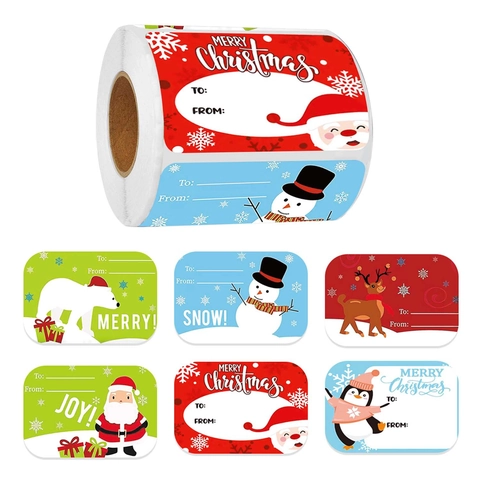 Christmas Gift Label Stickers Roll Santa Snowman Pattern Self Adhesive Kraft Paper Decorative To From Tags Holiday Decor