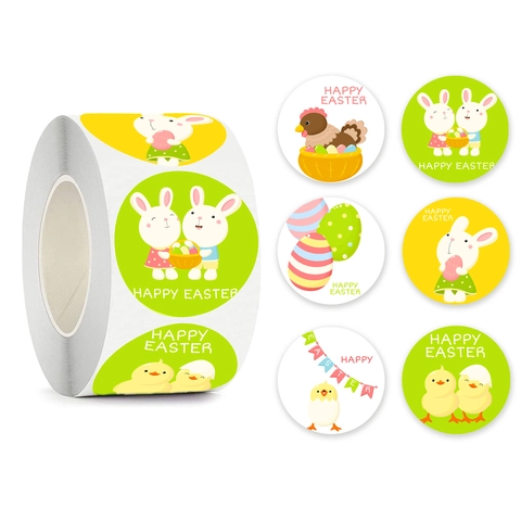 Rollo De Pegatinas De Recompensa De Dibujos Animados De Pascua Patrón Conejo Pollito Huevo Etiquetas Decorativas Autoadhesivas