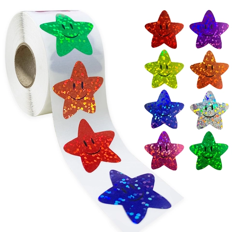 Glitter Laser Stella Faccia Sorridente Premio Adesivi Rotolo Multicolore Olografico Etichette Adesive Per Studenti Aula Bambini Cancelleria Arredo