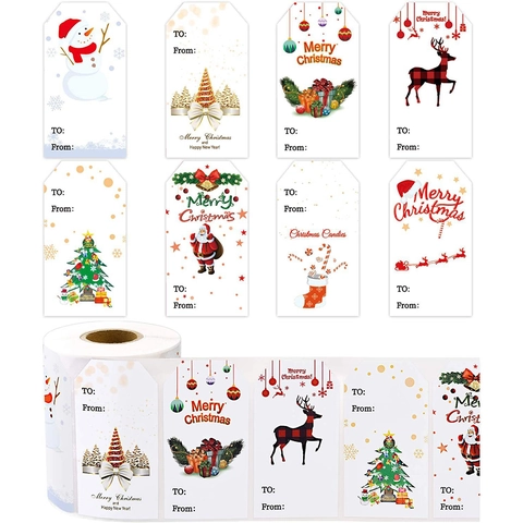 Rotolo di Etichette Regalo di Natale Carta Kraft Design Festivo Babbo Natale Renna Etichetta Autoadesiva per Scatola Regalo Decorazione