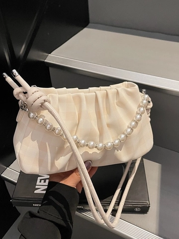 Elegante Borsa a Nuvola Pieghettata da Donna in Pelle PU Borsa a Tracolla Catena di Perle Artificiali Borsa alla Moda Semplice