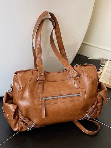 Borsa Tote in Pelle PU Vintage da Donna Grande Capacità Stile Moto Multi-Tasche con Borchie Borsa a Tracolla Retro