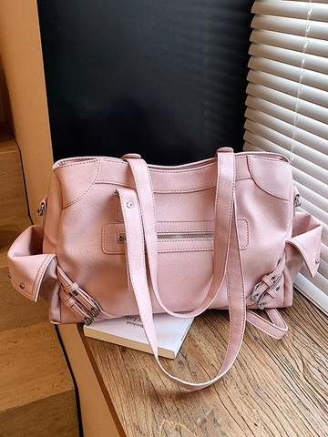 Borsa Tote in Pelle PU Vintage da Donna Grande Capacità Stile Moto Multi-Tasche con Borchie Borsa a Tracolla Retro