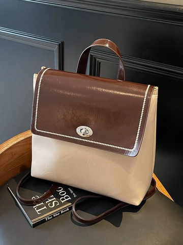 Mochila de Cuero PU de Color de Contraste Vintage para Mujer 2025 Moda de Gama Alta Bolso Escolar Versátil Casual para Viaje