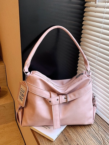 Bolso de Axila Vintage de Cuero PU Mujer Gran Capacidad Color Sólido Bolso de Hombro Minimalista Pespunte Bolso de Mano