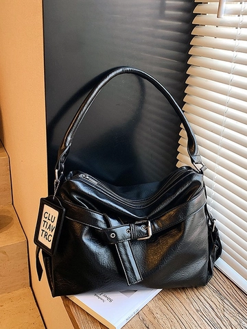 Bolso de Axila Vintage de Cuero PU Mujer Gran Capacidad Color Sólido Bolso de Hombro Minimalista Pespunte Bolso de Mano