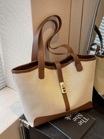 Borsa Tote da Donna in Tela e PU a Giunzione Grande Capacità Borsa a Tracolla Pendolare Chiusura in Metallo Oro Retrò