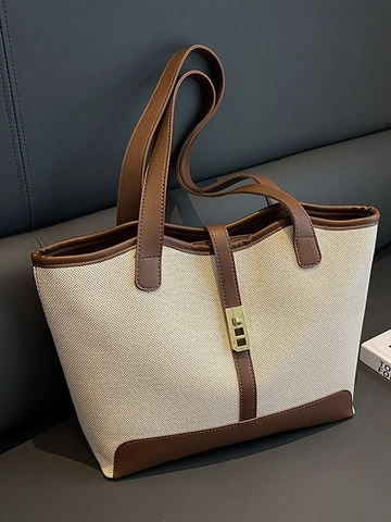 Borsa Tote da Donna in Tela e PU a Giunzione Grande Capacità Borsa a Tracolla Pendolare Chiusura in Metallo Oro Retrò