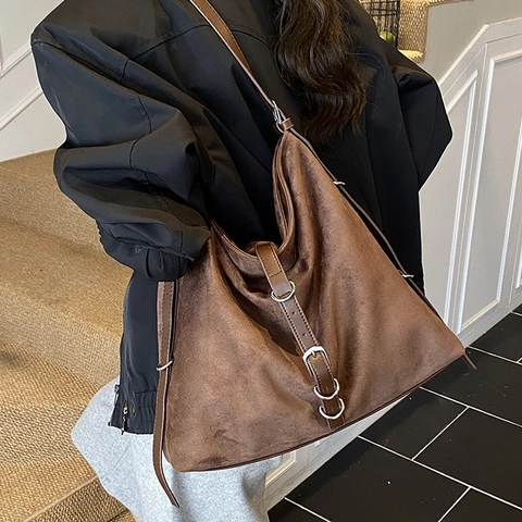 Bolso Tote de Gamuza de PU de Gran Capacidad para Mujer Bolso de Hombro Hobo Retro Con Decoración de Anillo de Metal Bolso Casual