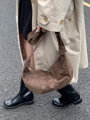 Retro Wildleder PU Hobo Tasche Für Damen 2025 Neue Lässige Große Kapazität Schulter Umhängetasche Tragetasche Knoten Riemen Sichtbare Nähte