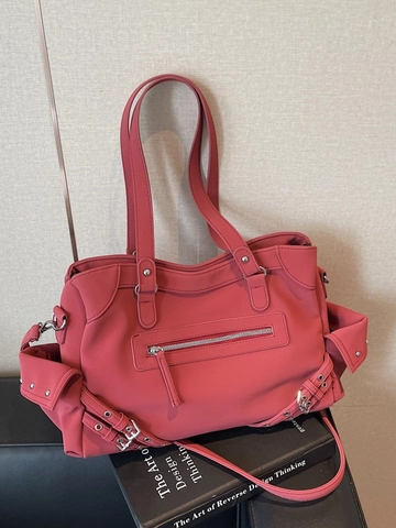 Women Moto Style Large Capacity PU Leather Tote Bag Rivet Decorative Zipper Shoulder Crossbody Bag Fashion Commuter Handbag