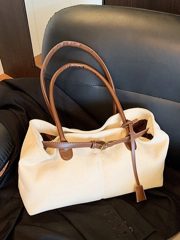 Vintage Corduroy Tote Bag For Women Large Capacity Shoulder Bag With PU Straps Retro Ribbed Handbag For Daily Commuting