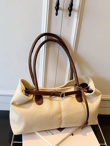 Vintage Corduroy Tote Bag For Women Large Capacity Shoulder Bag With PU Straps Retro Ribbed Handbag For Daily Commuting