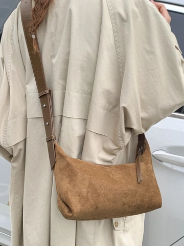 Vintage Korean PU Suede Texture Hobo Bag For Women Minimalist Stitching Solid Color Shoulder Crossbody Bag Commuter Purse